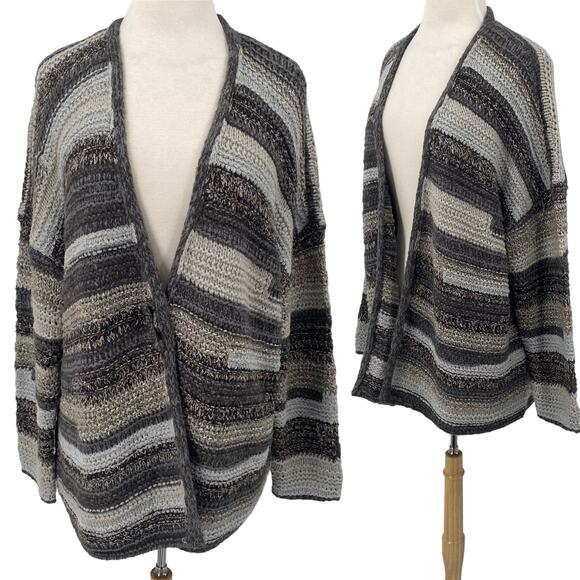 J Jill Open Front Cardigan Sweater Stripe Front Pin Close Stretchy Grey Womens L - Picture 1 of 9